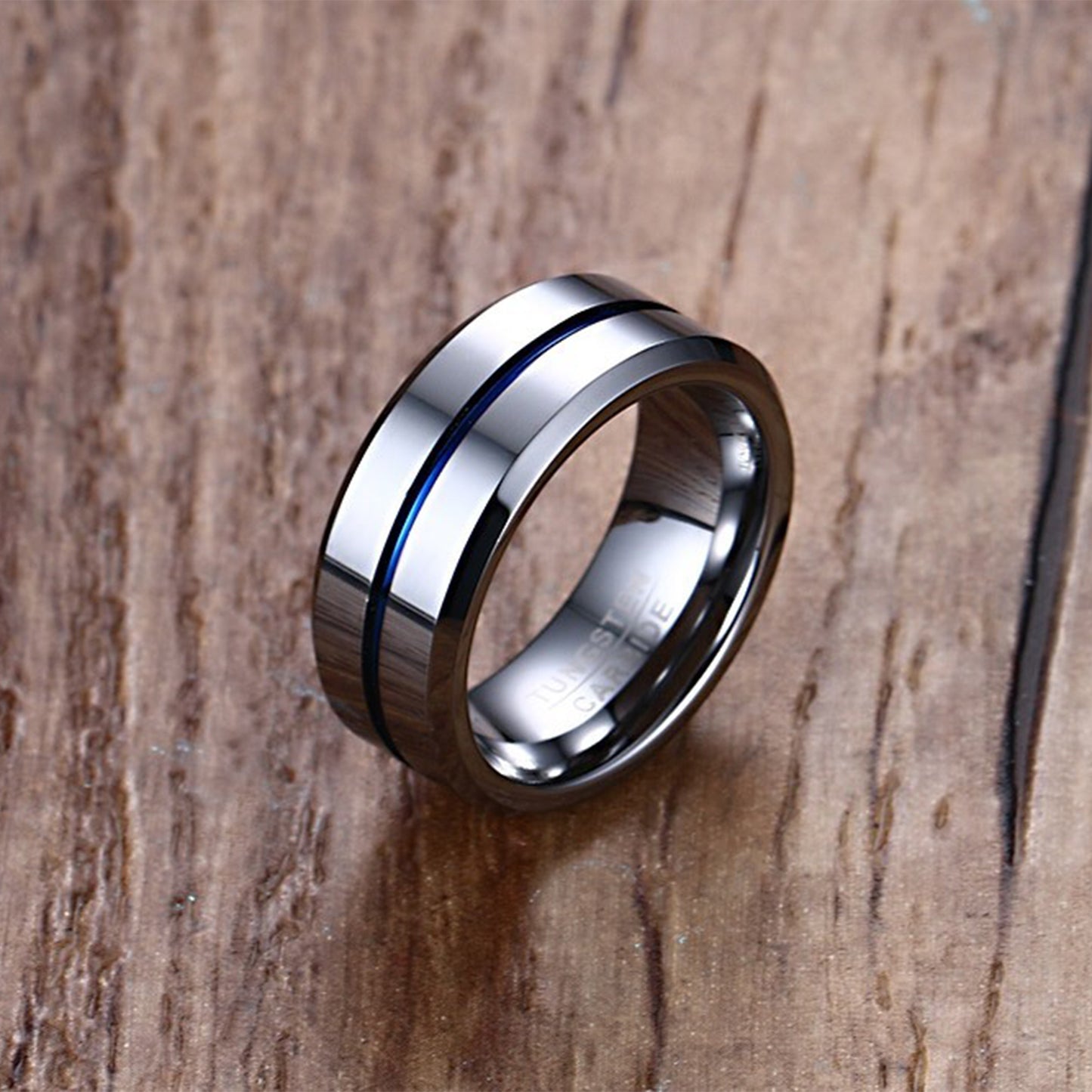 Newshe Jewellery Tungsten Rings for Men Mens Wedding Bands for Him Groove Ring Carbide Blue Line 8mm Engagement Promise Size 7-13