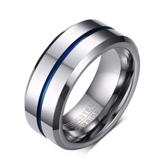 Newshe Jewellery Tungsten Rings for Men Mens Wedding Bands for Him Groove Ring Carbide Blue Line 8mm Engagement Promise Size 7-13