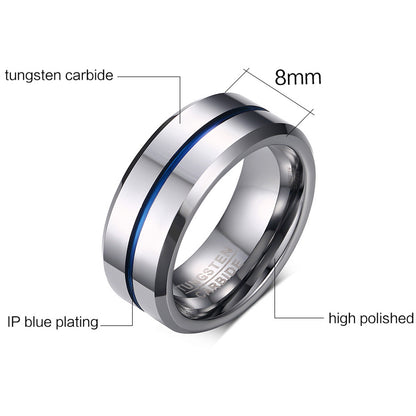 Newshe Jewellery Tungsten Rings for Men Mens Wedding Bands for Him Groove Ring Carbide Blue Line 8mm Engagement Promise