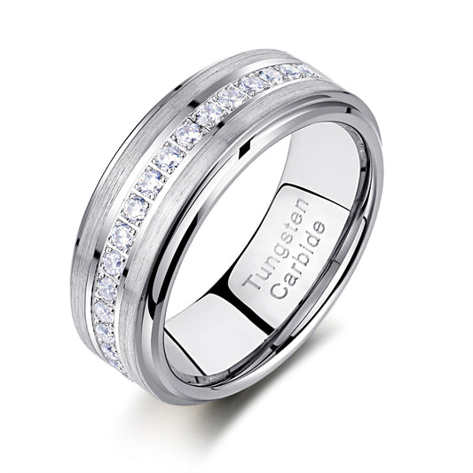 Newshe Jewellery Tungsten Wedding Bands for Him Rings for Men Men Rings Cubic Zirconia 8mm Matte Brushed Size 7-13