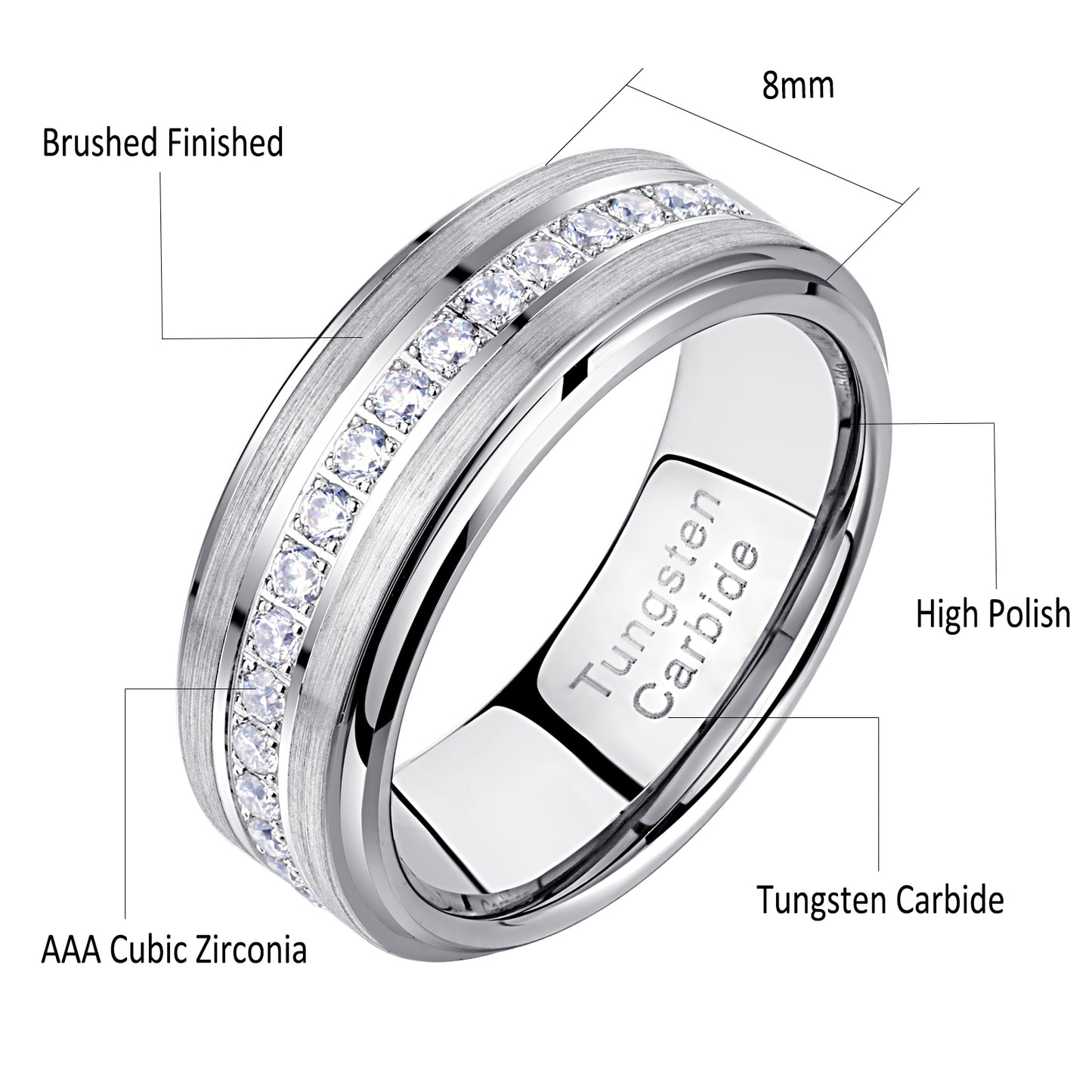Newshe Jewellery Tungsten Wedding Bands for Him Rings for Men Men Rings Cubic Zirconia 8mm Matte Brushed Size 7-13