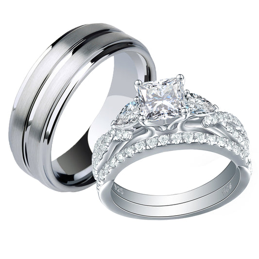 Newshe Jewellery Wedding Rings Set for Him and Her AAAAA Cz Women Mens Tungsten Bands 925 Sterling Silver Couples Size 9-13&5-10