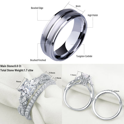 Newshe Jewellery Wedding Rings Set for Him and Her AAAAA Cz Women Mens Tungsten Bands 925 Sterling Silver Couples Size 9-13&5-10