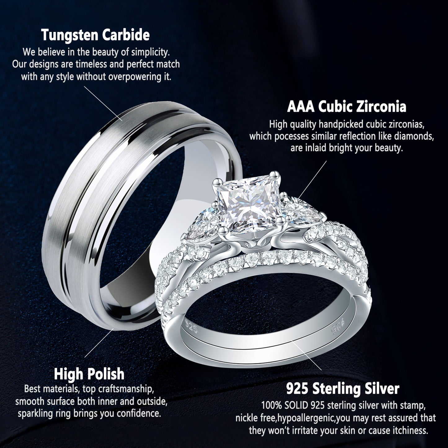 Newshe Jewellery Wedding Rings Set for Him and Her AAAAA Cz Women Mens Tungsten Bands 925 Sterling Silver Couples