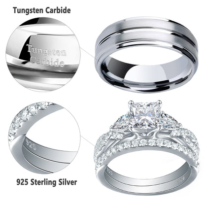 Newshe Jewellery Wedding Rings Set for Him and Her AAAAA Cz Women Mens Tungsten Bands 925 Sterling Silver Couples