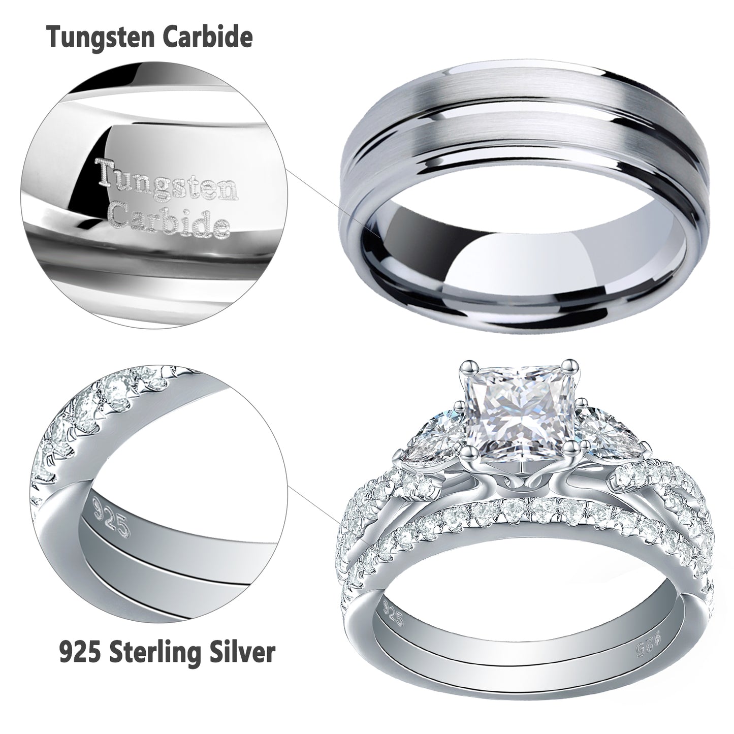 Newshe Jewellery Wedding Rings Set for Him and Her AAAAA Cz Women Mens Tungsten Bands 925 Sterling Silver Couples Size 9-13&5-10