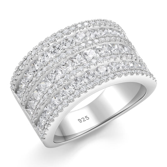 Newshe Jewellery Wide Wedding Bands for Women 18K White Gold Plated 3 Row Round Princess Cut AAAAA Cubic Zirconia Eternity Stackable Fashion Cocktail Rings Size 5-10