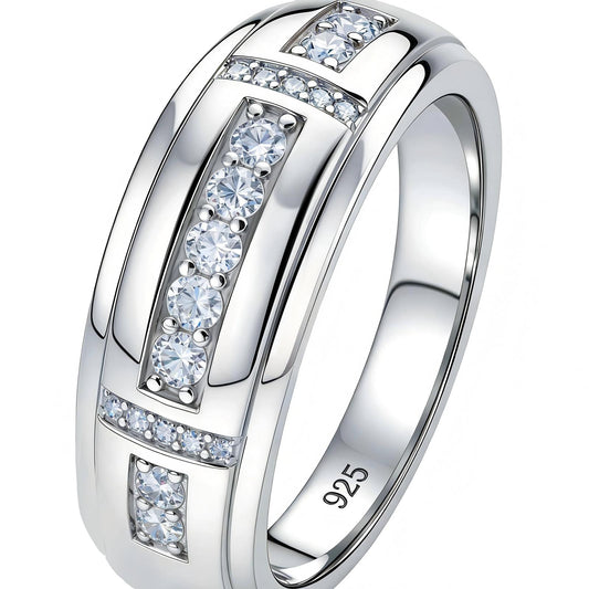 Heinlov Moissanite Mens Wedding Band D Color VVS1 925 Sterling Silver Ring Promise Rings For Him Round Cut Engagement Eternity