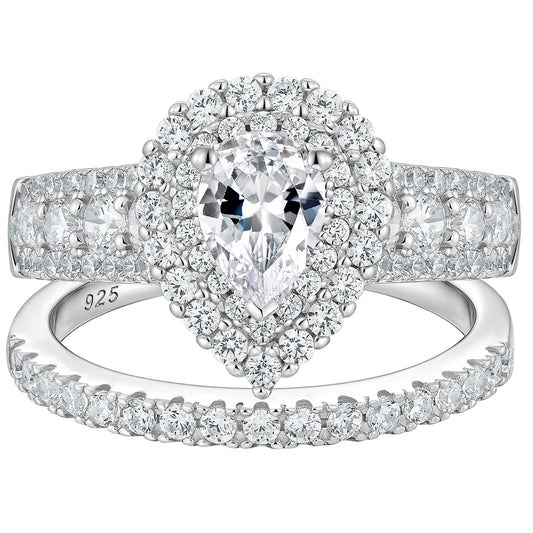 Newshe Jewellery 2 Ct Bridal Ring Sets Double Halo Pear Cut 925 Sterling Silver AAAAA CZ Promise Rings for Women Size 6-10