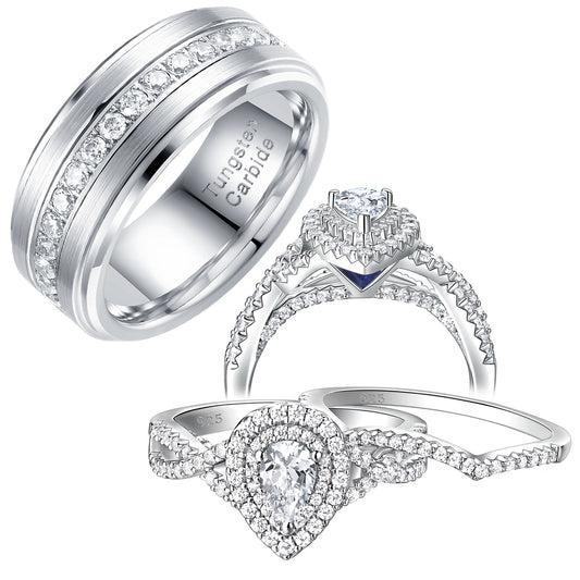 Newshe Jewellery Wedding Rings Set for His and Her Women Mens Tungsten Wedding Bands Pear 925 Sterling Silver Cz