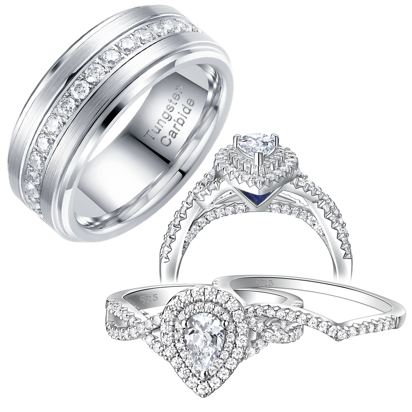 Newshe Jewellery Wedding Rings Set for His and Her Women Mens Tungsten Wedding Bands Pear 925 Sterling Silver Cz