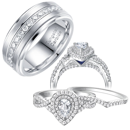 Newshe Jewellery Wedding Rings Set for His and Her Women Mens Tungsten Wedding Bands Pear 925 Sterling Silver Cz