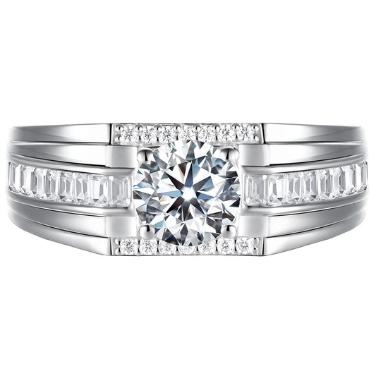 Newshe Jewellery 2 Ct Men Moissanite Wedding Bands 925 Sterling Silver Rings D Color VVS1 Clarity Brilliant Round Size 7-13