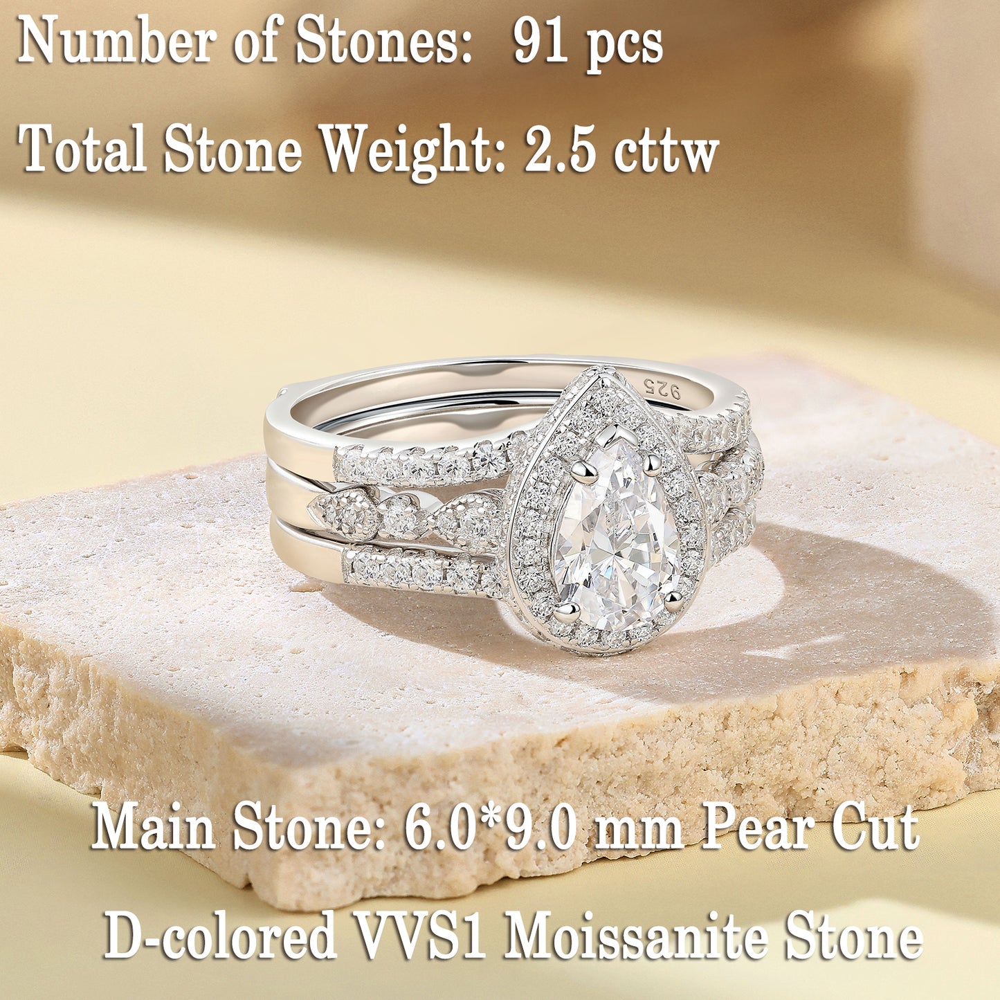 Newshe Jewellery Moissanite Wedding Rings for Women 925 Sterling Silver Pear Cut Engagement Ring Sets Teardrop Bridal Band Enhancer Size 5-10