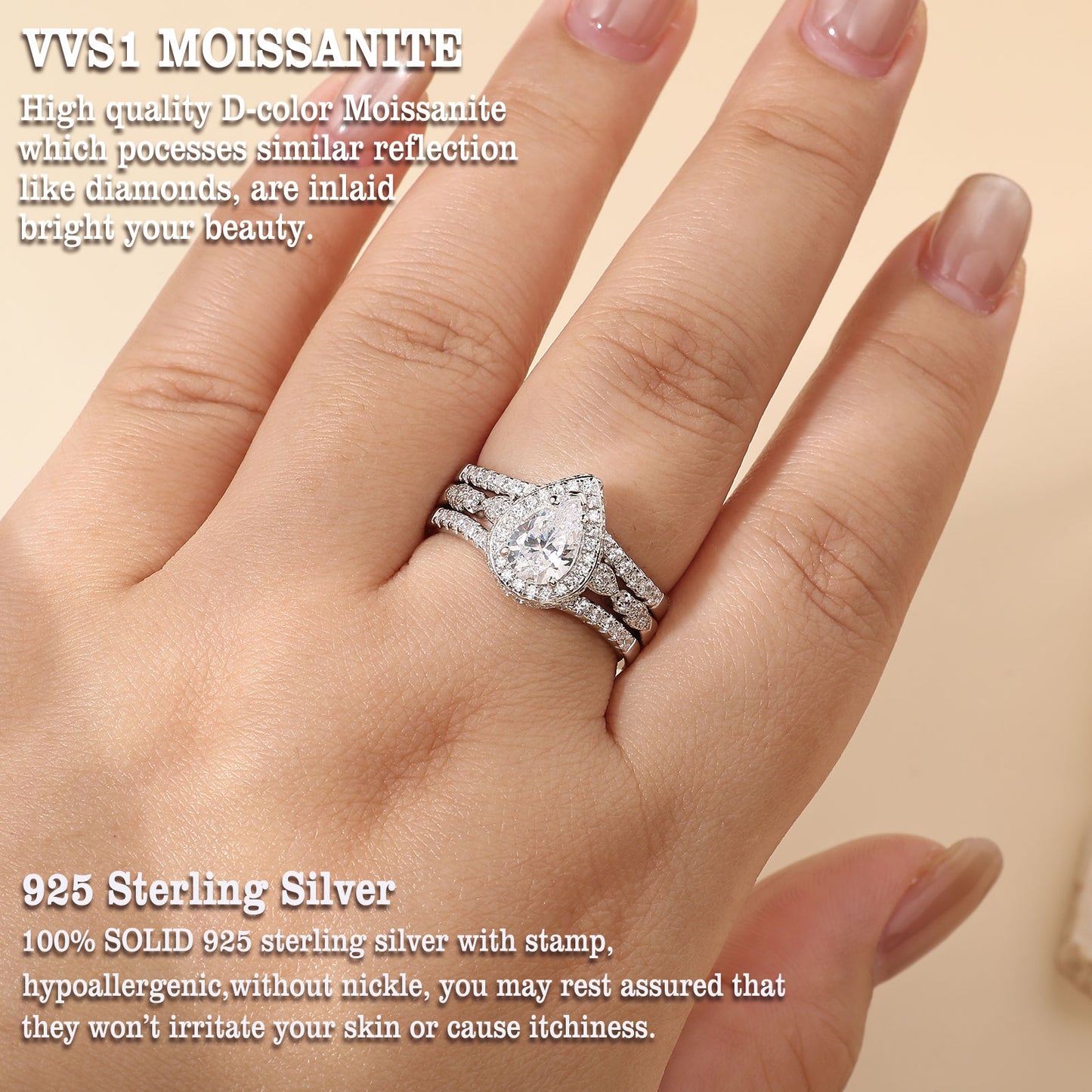Newshe Jewellery Moissanite Wedding Rings for Women 925 Sterling Silver Pear Cut Engagement Ring Sets Teardrop Bridal Band Enhancer Size 5-10