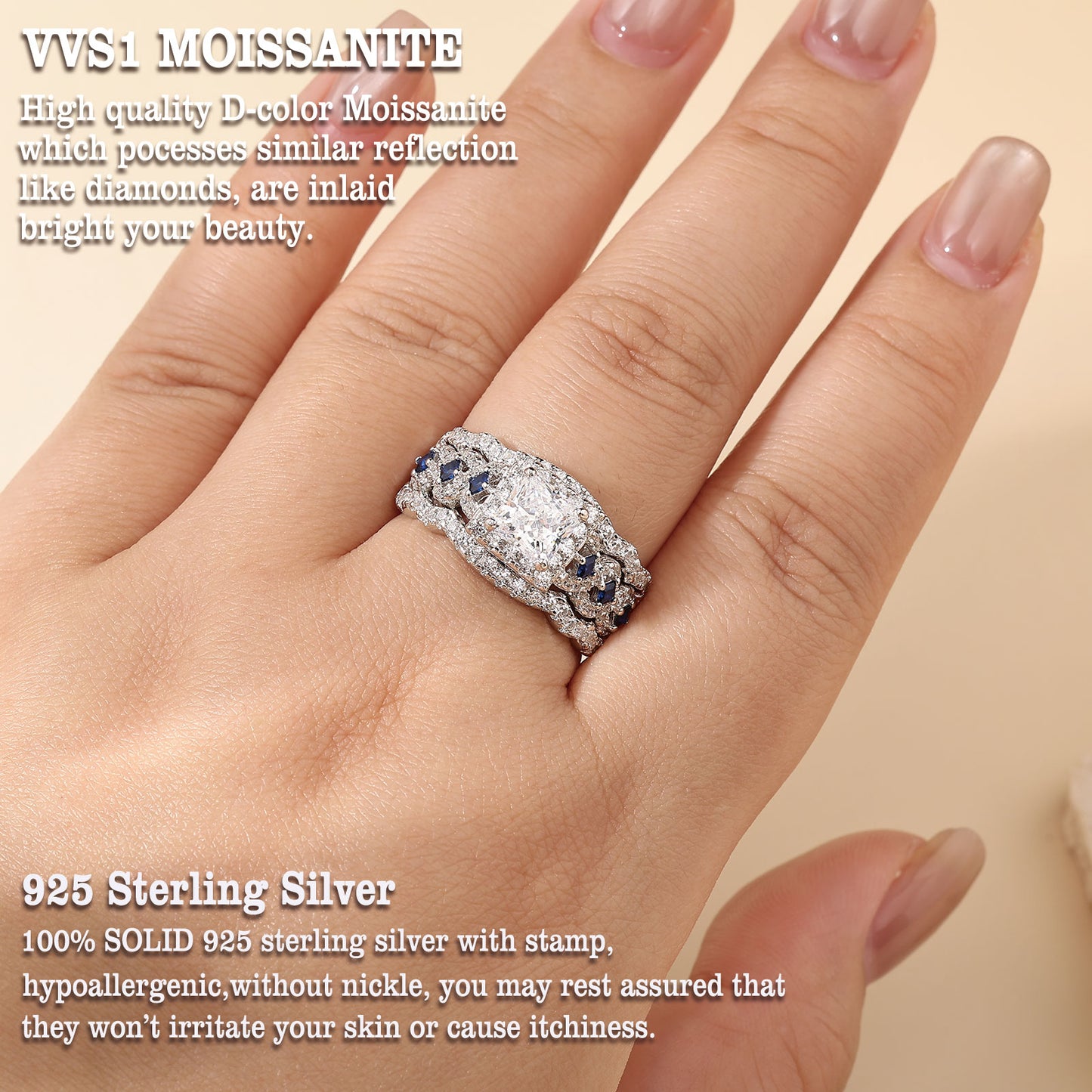 Newshe Jewellery Princess Moissanite Engagement Ring for Women 925 Sterling Silver Wedding Band Rings Blue Sapphire Bridal Sets Promise Size 5-10