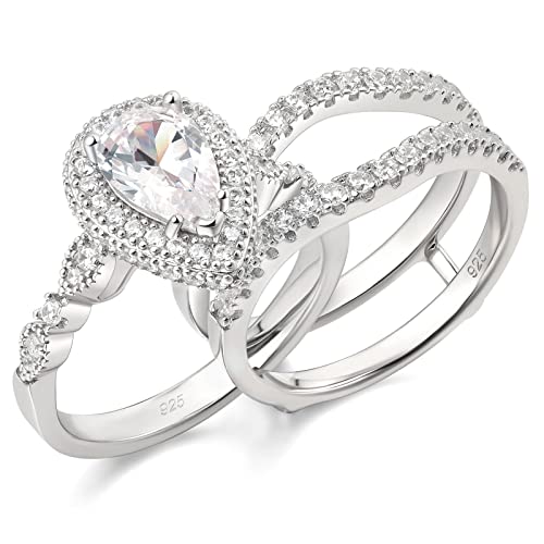 Newshe Jewellery Moissanite Wedding Rings for Women 925 Sterling Silver Pear Cut Engagement Ring Sets Teardrop Bridal Band Enhancer Size 5-10