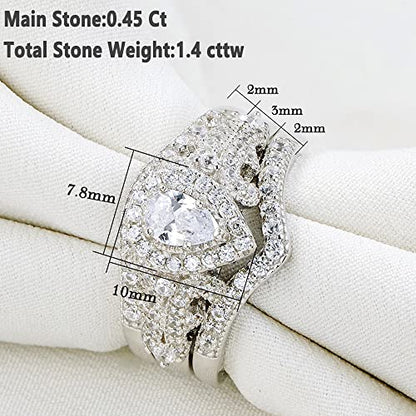 Newshe Wedding Engagement Ring Set for Women 925 Sterling Silver 3pcs 1.4Ct Pear White Cz Size 4-13