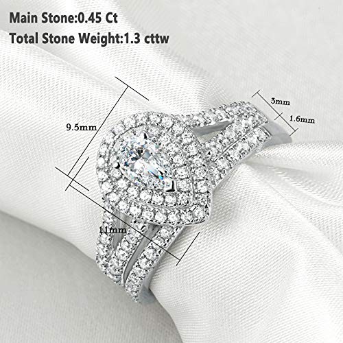 Newshe Wedding Rings for Women Engagement Ring Set 925 Sterling Silver 1.3ct Pear White Cz Size 5-10