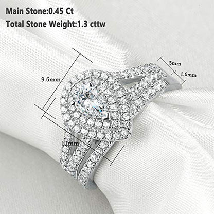 Newshe Wedding Rings for Women Engagement Ring Set 925 Sterling Silver 1.3ct Pear White Cz Size 5-10
